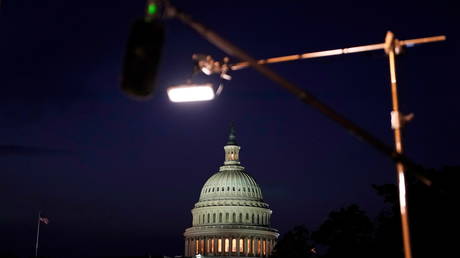 Television lighting outside the US Capitol ahead of President Joe Biden's first address to Congress, April 28, 2021.