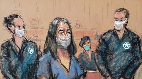 British socialite Ghislaine Maxwell appears during her arraignment hearing on a new indictment at Manhattan Federal Court in New York City, New York, US, April 23, 2021, in this courtroom sketch.