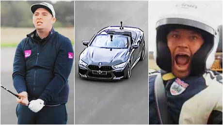 ‘Unbelievable scenes’: Pro golfer and racing driver break world record with 303-yard shot into a car moving at 143mph (VIDEO)