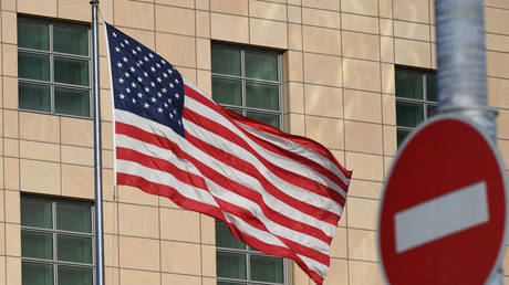 The United States' national flag is seen on the building of the US Embassy in Novinsky Boulevard in central Moscow, Russia.