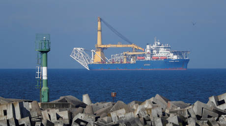 Pipe-laying vessel Akademik Cherskiy owned by Gazprom, which Russia may use to complete construction of the Nord Stream 2 gas pipeline, is seen in a bay near the Baltic Sea port of Baltiysk, Kaliningrad region, Russia May 3, 2020.