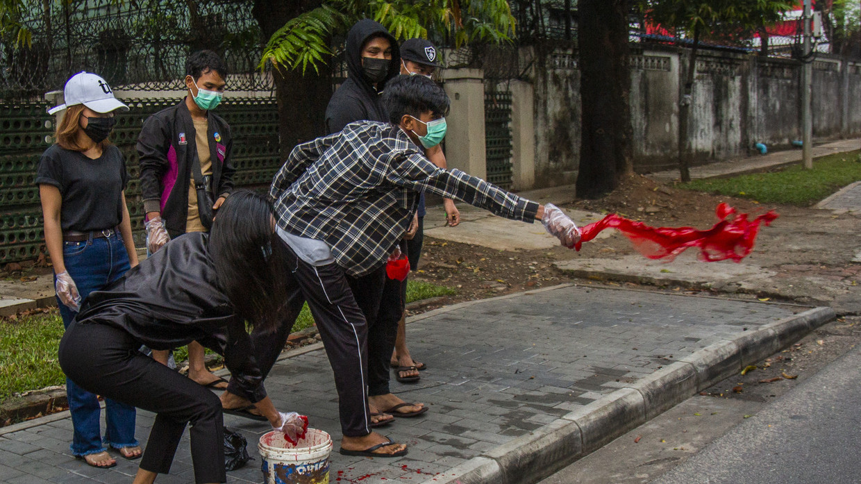 Myanmar Streets Painted Red As Activists Protest Military S Violent Coup Amid Rising Death Toll Photos Rt World News