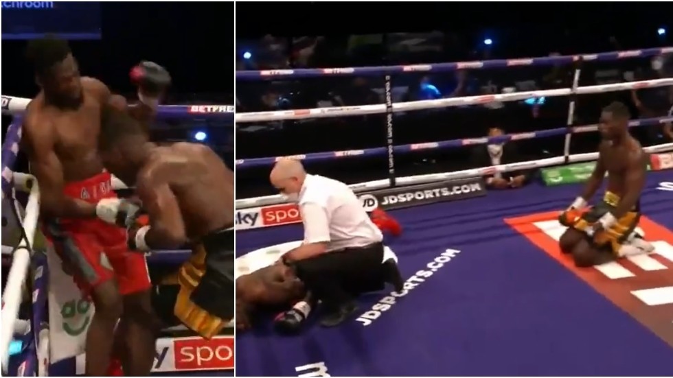 Brit boxing star waits anxiously on knees after leaving opponent face ...