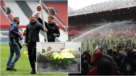 Man United vow to punish &lsquo;criminal activity&rsquo; in wake of Old Trafford unrest as footage shows police officer &lsquo;punching protester&rsquo;