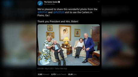 &lsquo;Shrunk to fit?&rsquo; Internet puzzles over peculiar photo of Bidens kneeling next to &lsquo;miniature&rsquo; Jimmy Carter & his wife
