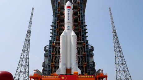 FILE PHOTO: The Long March-5B Y2 rocket, carrying the core module of China's space station Tianhe, sits at the launch pad of Wenchang Space Launch Center in Hainan province, China, April 23, 2021.
