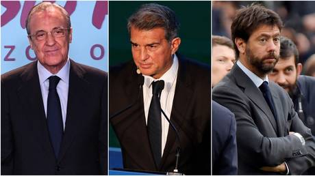 Real Madrid boss Florentino Perez and Barcelona and Juventus counterparts Joan Laporta and Andrea Agnelli. © Reuters / AFP