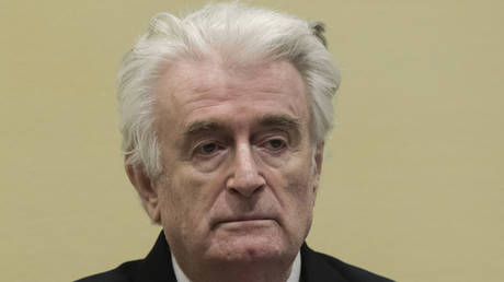 FILE PHOTO. Former Bosnian Serb leader Radovan Karadzic arrives at the court in The Hague, Netherlands