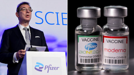 (L) Pfizer CEO Albert Bourla. © Reuters / John Thys; (R) Vials with Pfizer-BioNTech and Moderna coronavirus disease vaccine. © Reuters / Dado Ruvic.