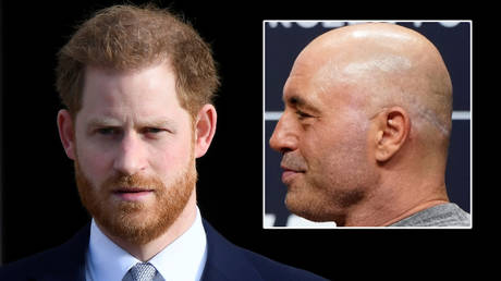 Prince Harry (left) was asked for his thoughts on Joe Rogan's comments about vaccines © Toby Melville / © Mike Blake