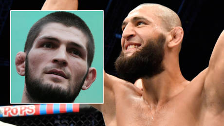 Khamzat Chimaev (right) has taken aim at UFC legend Khabib Nurmagomedov © Christopher Pike / Reuters | © Jeff Bottari / Zuffa LLC / USA Today Sports via Reuters