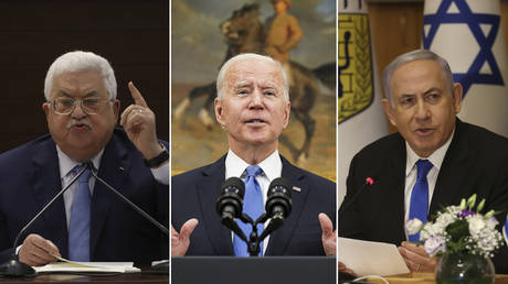 (L) Mahmoud Abbas © Alaa Badarneh / Pool via REUTERS; (C) Joe Biden © REUTERS / Kevin Lamarque; (R) Benjamin Netanyahu © Amit Shabi / Pool via REUTERS