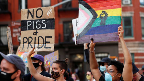 Demonstrators march in support of gay pride and black lives matter movements in New York City