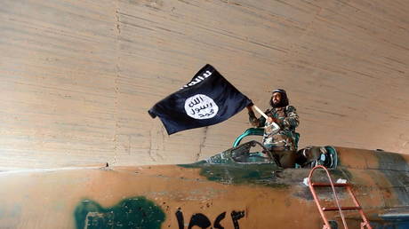 FILE PHOTO. Islamic State fighter (ISIS; ISIL) waving a flag while standing on captured government fighter jet in Raqqa, Syria. © Getty Images / Universal History Archive