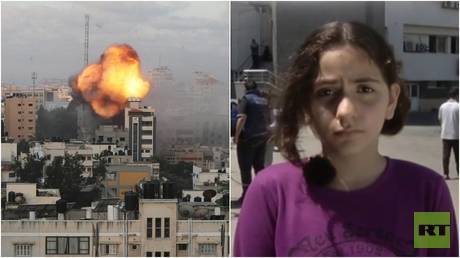 Smoke and flames are seen following an Israeli air strike on a building in Gaza City. © Reuters / Mohammed Salem; 10-year-old Gaza City resident, Nadine Abdel-Taif © RT