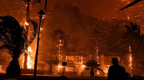 A local looks at flame rising among houses as a wildfire burns in the village of Schinos, near Corinth, Greece, May 19, 2021 © REUTERS/Vassilis Psomas