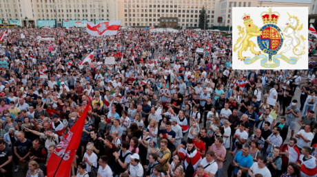 FILE PHOTO. Demonstration to protest against presidential election results, in Independence Square in Minsk, Belarus. © Reuters / Vasily Fedosenko; (inset) Royal Coat of Arms of the United Kingdom of Great Britain and Northern Ireland. © Wikipedia