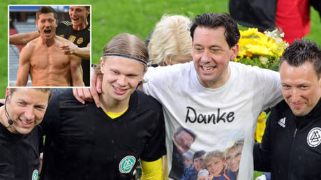 Robert Lewandowski (inset) broke Gerd Muller's goals record while Erling Haaland (left) also ended the Bundesliga season by finding the net © Friedemann Vogel / Reuters | © Christof Stache / Reuters