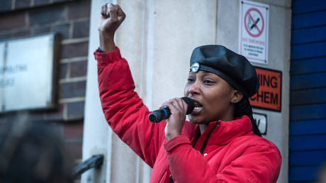 Black Lives Matter activist Sasha Johnson speaks outside of Tottenham Police Station in protest at the targeting of a black youth by officers and misuse of stop and search powers on December 19, 2020 in London, England.