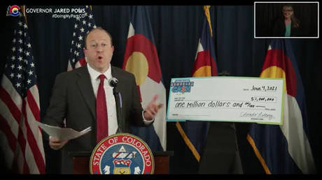 Colorado Governor Jared Polis announces a new vaccine lottery program for state residents in a video briefing, May 25, 2021.