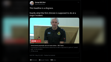 &lsquo;British Clickbait Corporation&rsquo;: &lsquo;Disgusting&rsquo; BBC headline suggests medic who responded to Manchester Arena bombing was negligent