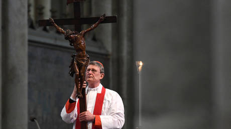 Archbishop of Cologne Rainer Maria Woelki at the cathedral in Cologne, Germany, April 2021. © Ina Fassbender / AFP