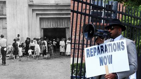 African Americans seek refuge at fairgrounds in Tulsa, June 1, 1921 (L). Rev. Dr. Robert Turner (R) at a weekly reparations march, May 26, 2021