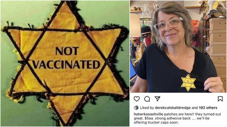 An anti-vaxxer patch recently promoted by a Tennessee hat shop, as seen on the Facebook page of store owner Gigi Gaskins (L), and in a now-deleted post on the shop's Instagram (R).