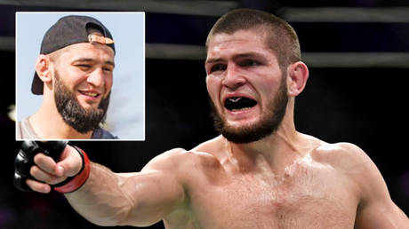 UFC legend Khabib Nurmagomedov (right) has discussed Khamzat Chimaev © Instagram / khamzat_chimaev | © Stephen R Sylvanie / USA Today Sports via Reuters