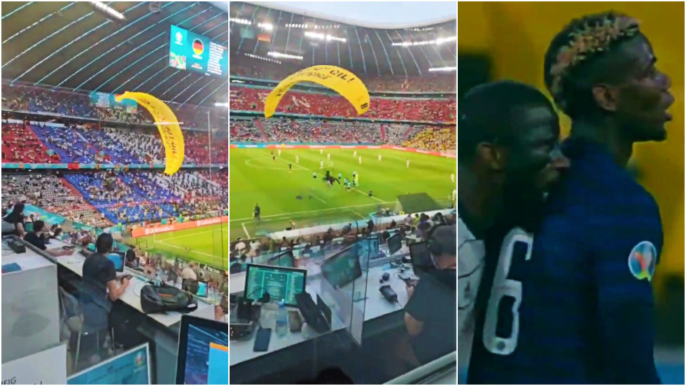 Euro 2020: Wild scenes as parachutist hurtles from sky, crashes & is comforted by Rudiger... who’s accused of biting Pogba (VIDEO) — RT Sport News
