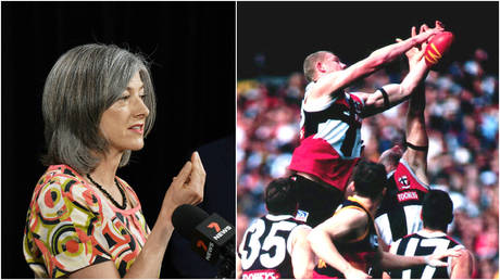 FILE PHOTOS: (L) South Australia's chief public health officer Nicola Spurrier speaks at an event in Adelaide; (R) AFL players compete for the ball during a match between Adelaide and St. Kilda.