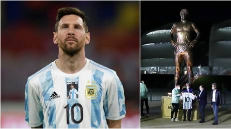 &lsquo;1960-infinity&rsquo;: Messi helps unveil giant statue of Maradona while Argentina honor late icon with shirt tribute in first game sinc