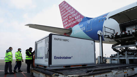 FILE PHOTO. A plane transporting one million doses of Sinopharm's China National Biotec Group (CNBG) vaccines for the coronavirus disease (COVID-19) arrives at Nikola Tesla Airport in Belgrade, Serbia. © Reuters / Marko Djurica