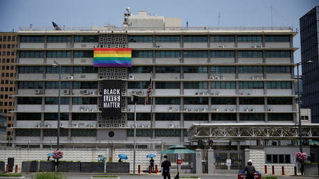 Displaying of activism symbols, such as the Pride flag and Black Lives Matter banner shown at the US embassy in Seoul last year, remains banned at American military bases after a Pentagon review.
