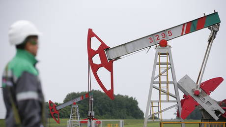 A worker looks at a pump jack at an oil field Buzovyazovskoye north from Ufa, Bashkortostan, Russia