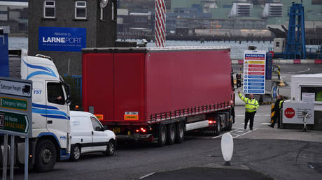 Port officers inspect vehicles at a harbour checkpoint on November 14, 2018 in Larne, Northern Ireland