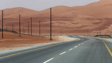 The highway towards Aramco's Shaybah oilfield in the Empty Quarter, Saudi Arabia