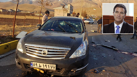 The damaged car of Iranian nuclear scientist Mohsen Fakhrizadeh after it was attacked near the capital Tehran. © AFP / IRIB NEWS AGENCY; (inset) Yossi Cohen. © Reuters / Gali Tibbon.