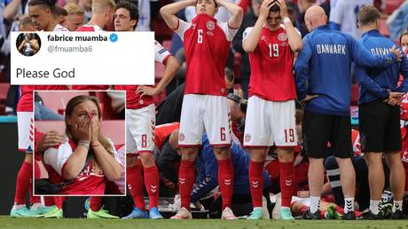 Denmark players and fans react after midfielder Christian Eriksen collapsed on the pitch. © Reuters / Twitter