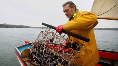 Oyster fisherman Adam Spargo in the Fal Estuary, Cornwall, Britain, December 30, 2020. Picture taken December 30, 2020. © REUTERS/Tom Nicholson.