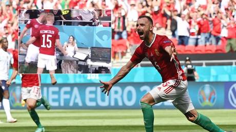 &lsquo;Celebration of the tournament!&rsquo; Hungary star Fiola TERRIFIES reporter by diving towards crowd after netting vs France (VIDEO)