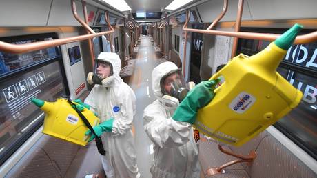 Employees of the metro are disinfecting the cars of the Moscow metro at the Krasnaya Presnya depot.