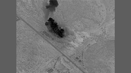 Screenshot from a video released by US Central Command showing airstrikes against Iraqi militias near the Syria-Iraq border on June 27, 2021.