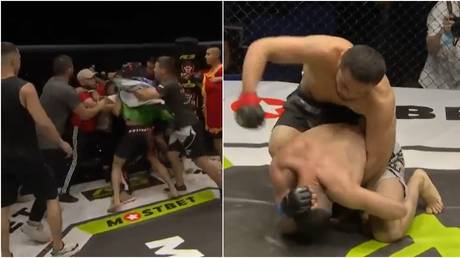 &lsquo;Only in Russia&rsquo;: Warring MMA rivals erupt in post-fight brawl, immediately settle differences in impromptu grudge match (VIDEO)