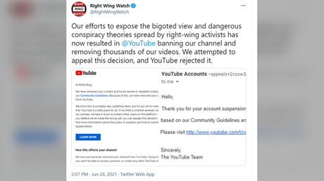 A screenshot showing Right Wing Watch's tweet announcing its YouTube ban, June 28, 2021