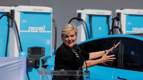 United States Secretary of Energy Jennifer Granholm at an event for a Revel electric vehicle charging superhub in Brooklyn, New York City