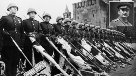 Victory Parade on Red Square on June 24, 1945 marking the defeat of Nazi Germany during WWII (1939-1945), Moscow, Russia. © Sputnik; (inset) Joseph Stalin. Moscow, Russia, 1945. © Sputnik