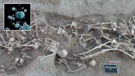 FILE PHOTO. People who died of bubonic plague in a mass grave from 1720 to 1721 in Martigues, France. © Wikipedia; (inset) © Unsplash / cdc