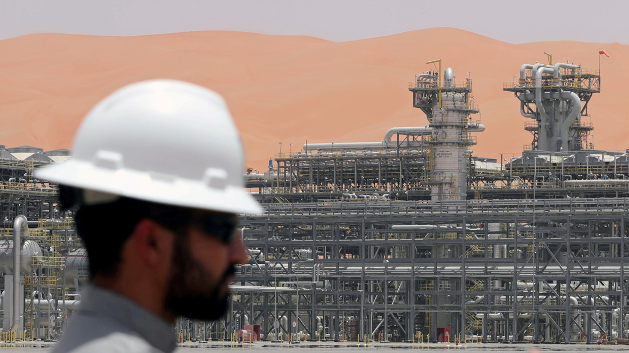 A Saudi Aramco employee is seen at the Natural Gas Liquids (NGL) facility at Aramco's Shaybah oilfield in the Empty Quarter in Saudi Arabia