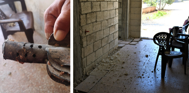 On left the rocket that targeted the Saleh household on 15/7/2021 and on the right the debris from the strike in the hallway. © Vanessa Beeley